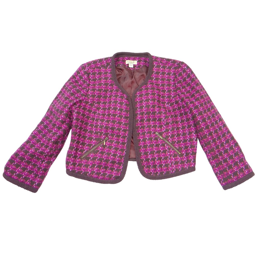 One World Womens Purple Brown‎ Houndstooth Cropped Open Front Jacket Large 1988